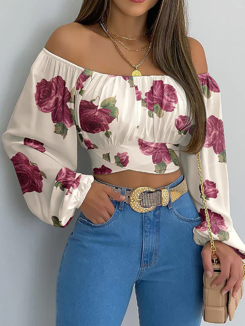 Top corto sin hombros - Estilo bohemio elegante con mangas largas