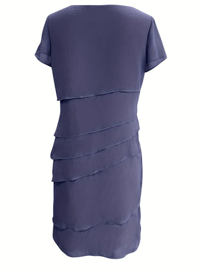 Elegante vestido formal de manga corta con cuello redondo y ribete de una sola capa de un solo color para mujer | Para ocasiones formales