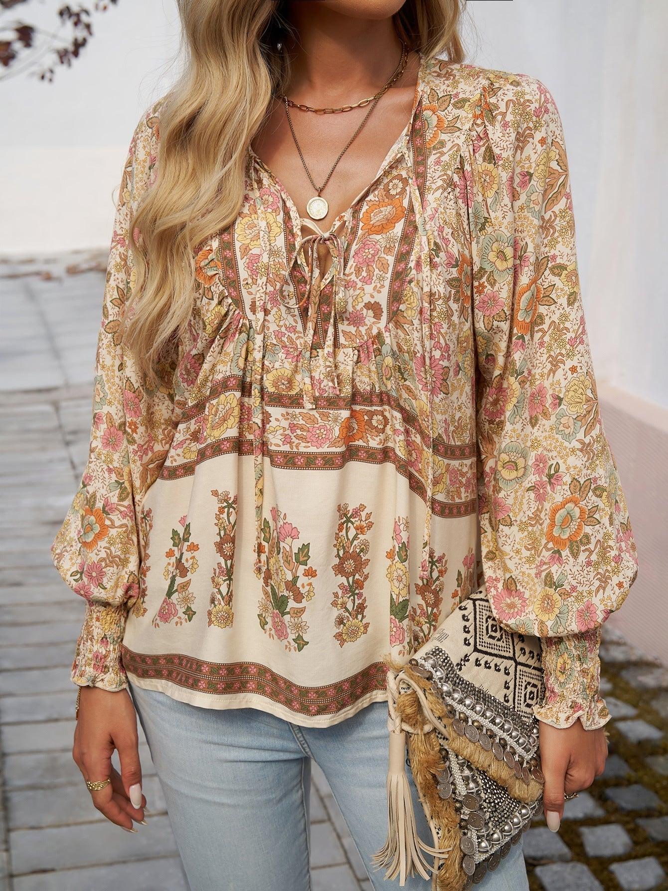 Boho Tunika Damen Blumenmuster V-Ausschnitt lange Ärmel Bindung