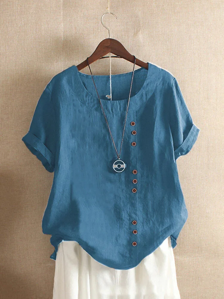 Linen blouse for women - Asymmetric button closure - Short sleeves