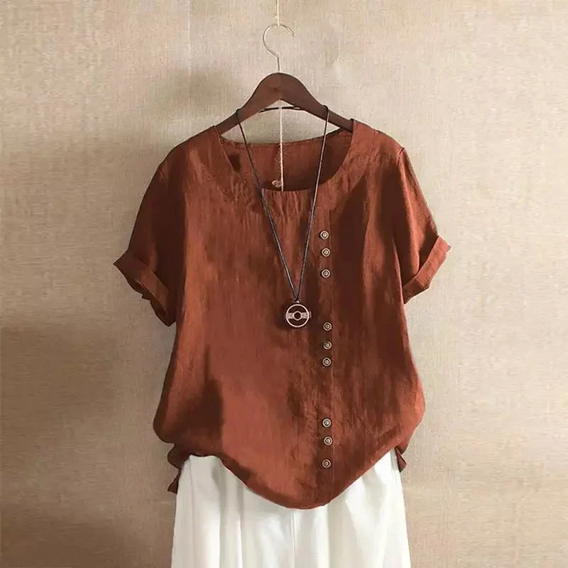 Linen blouse for women - Asymmetric button closure - Short sleeves