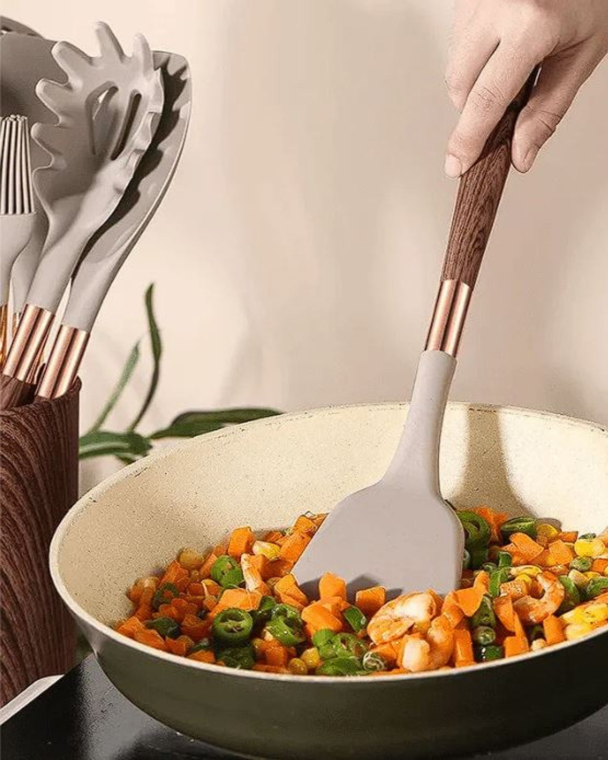 Juego de utensilios de cocina - Cuivra - Herramientas de cocina antiadherentes - Diseño con mango de madera