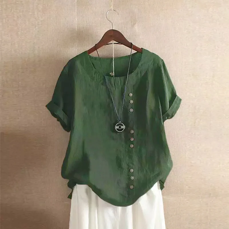 Linen blouse for women - Asymmetric button closure - Short sleeves