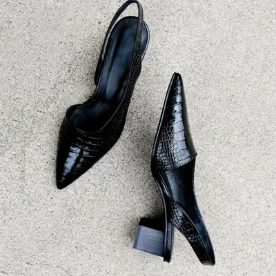 Slingback-Absätze für Damen - Spitze Nase mit Blockabsatz und Krokodiltextur