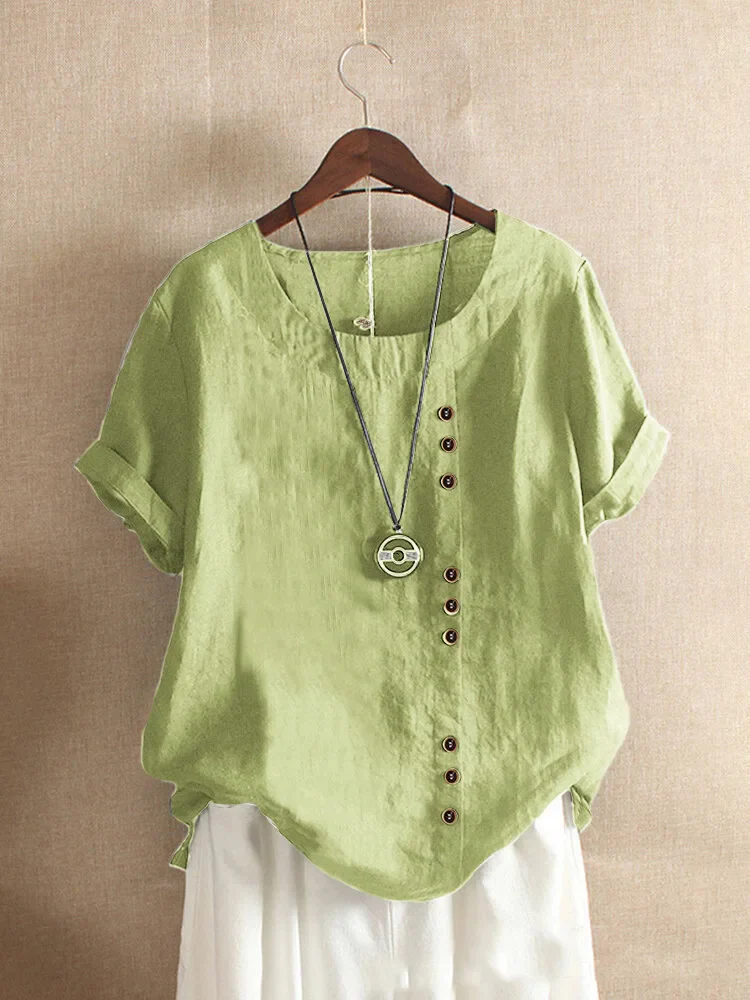Linen blouse for women - Asymmetric button closure - Short sleeves