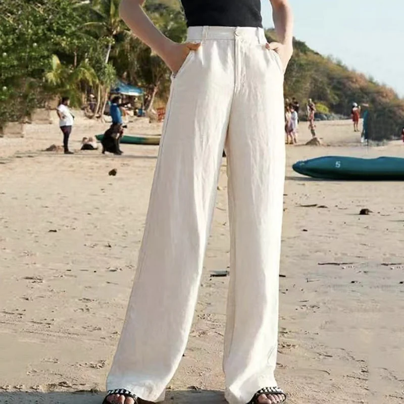 Damenhose - Leinen Look - Hohe Taille - Weites Bein - Sommer Style