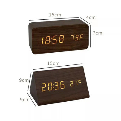 Reloj despertador digital de madera: pantalla LED, control por voz, brillo ajustable.