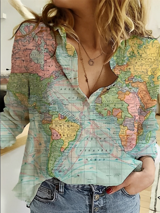 Janet - Camicia stampata con mappa del mondo