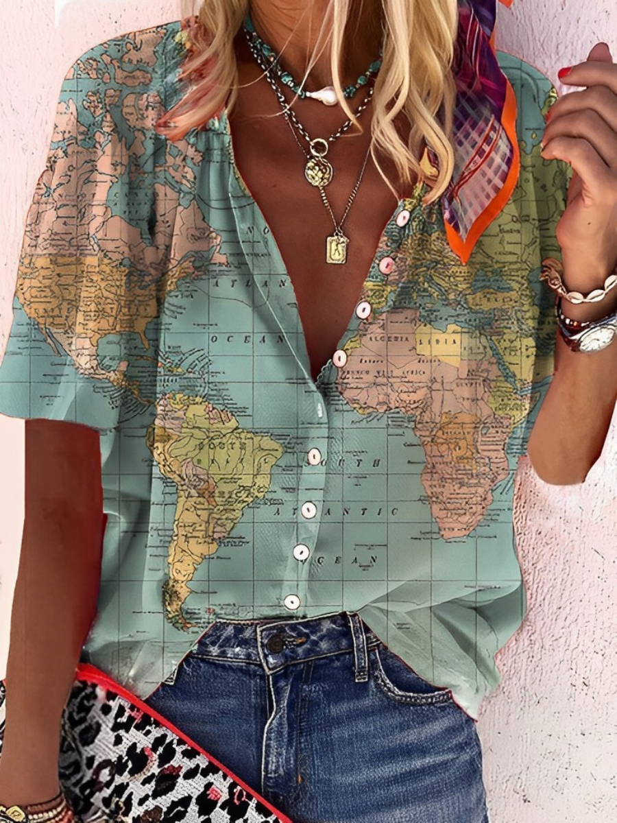 Janet - Globe World Map Printed Shirt