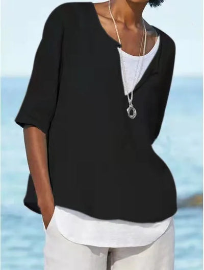 Elegante weiße Damenbluse mit O-Ausschnitt aus Leinen - Tamera