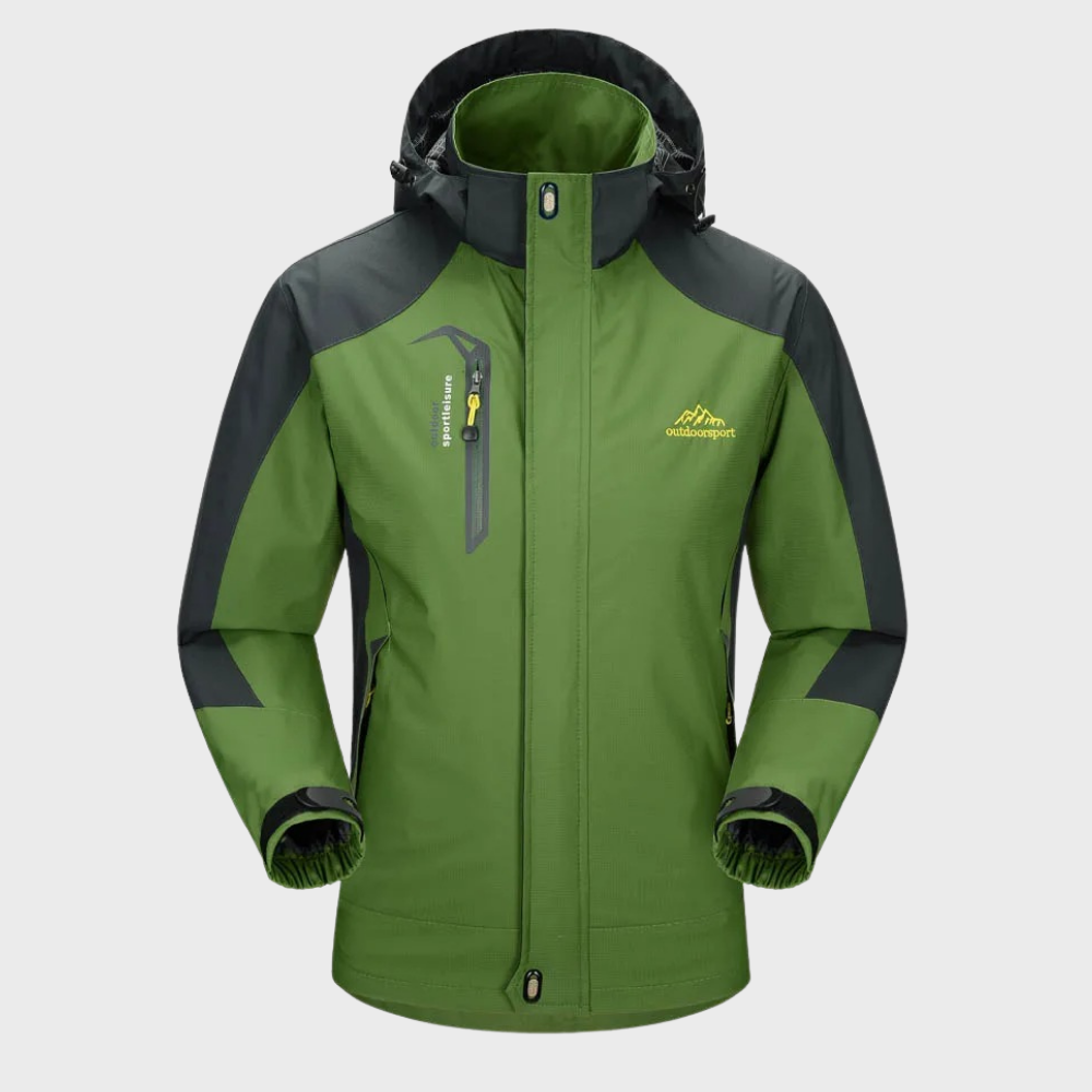 Men's softshell outdoor jacket with hood, windproof membrane, and water-repellent finish