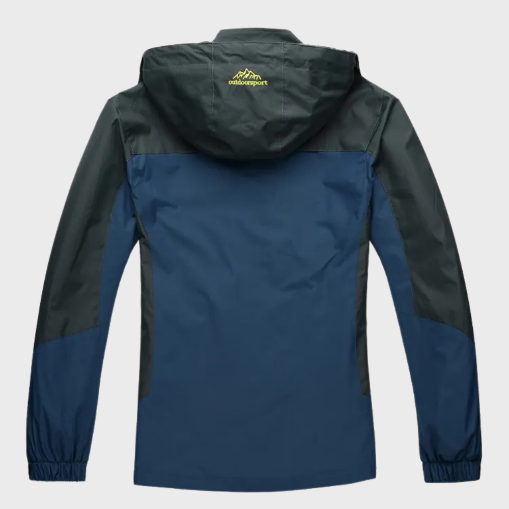 Men's softshell outdoor jacket with hood, windproof membrane, and water-repellent finish