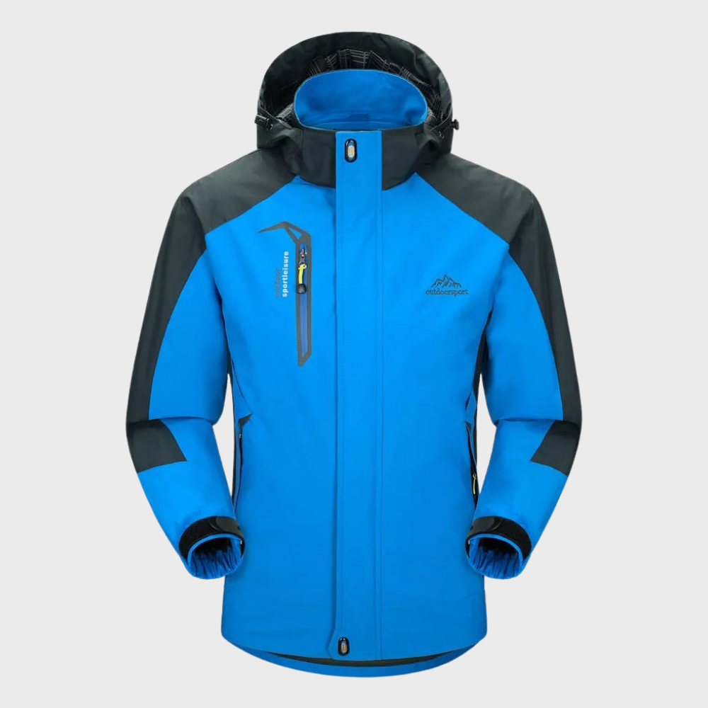 Men's softshell outdoor jacket with hood, windproof membrane, and water-repellent finish
