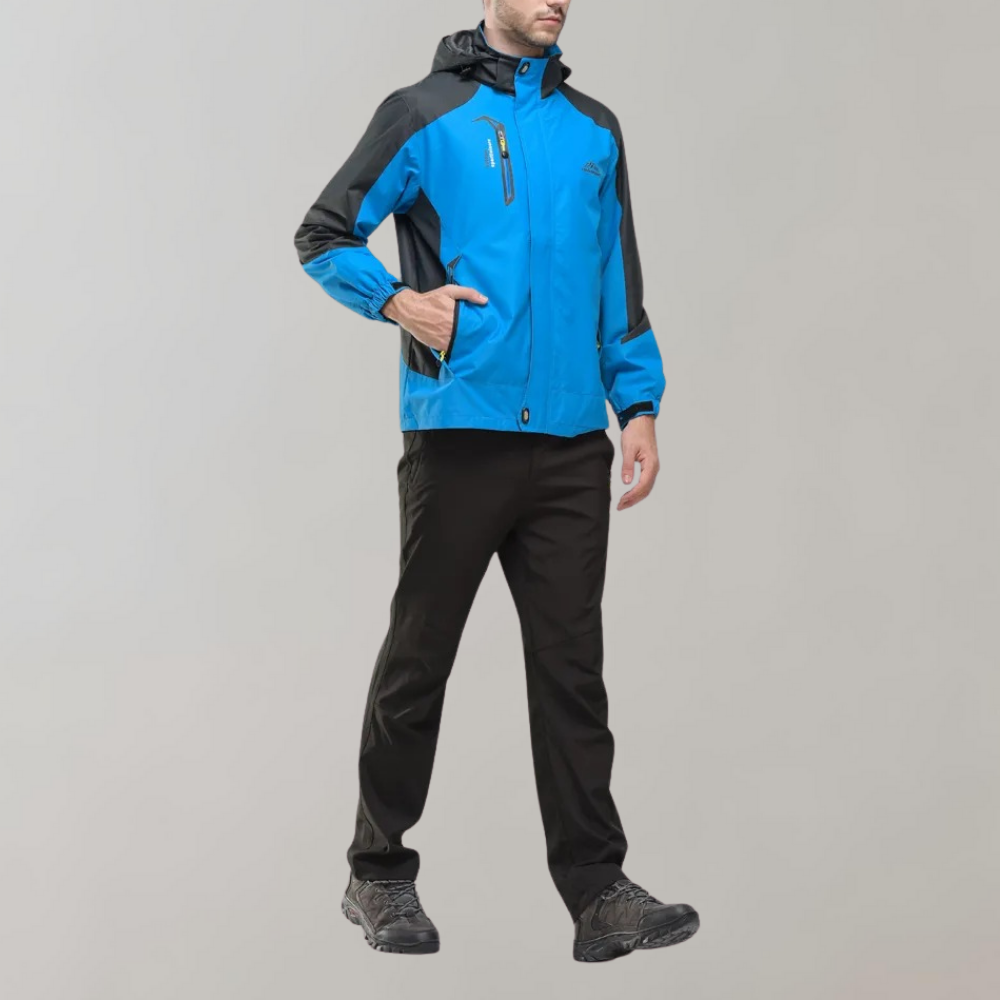 Men's softshell outdoor jacket with hood, windproof membrane, and water-repellent finish