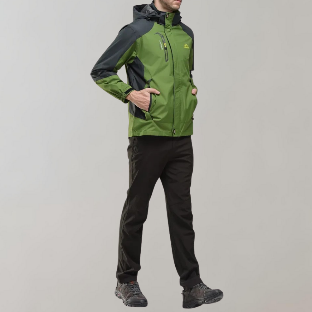 Men's softshell outdoor jacket with hood, windproof membrane, and water-repellent finish