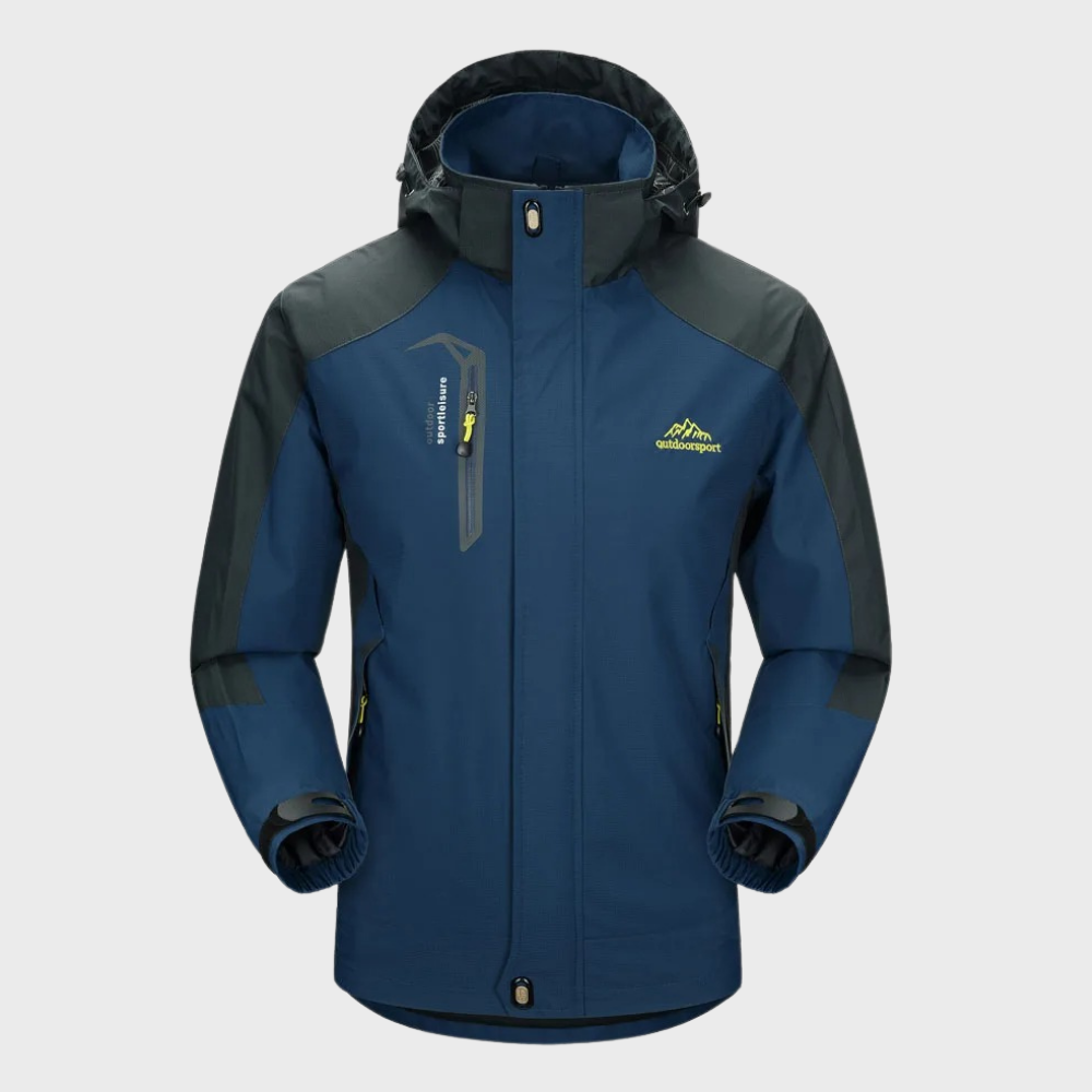 Men's softshell outdoor jacket with hood, windproof membrane, and water-repellent finish