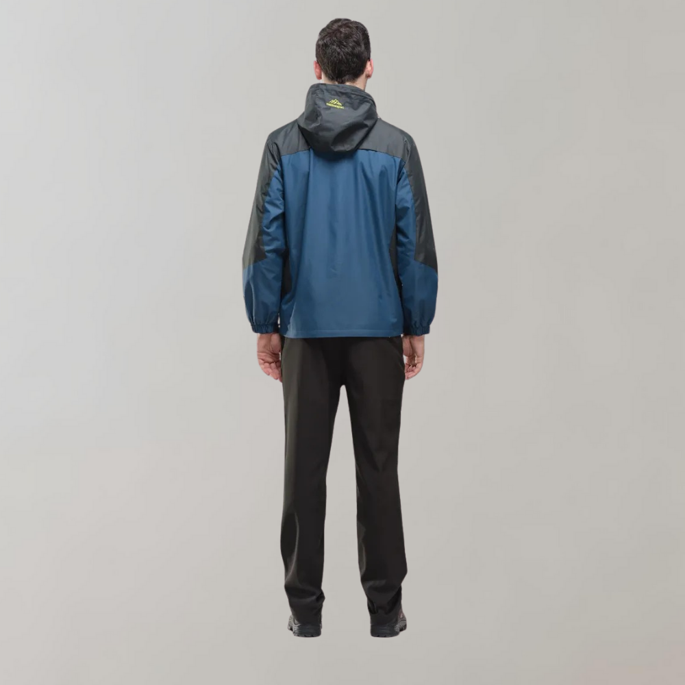 Men's softshell outdoor jacket with hood, windproof membrane, and water-repellent finish