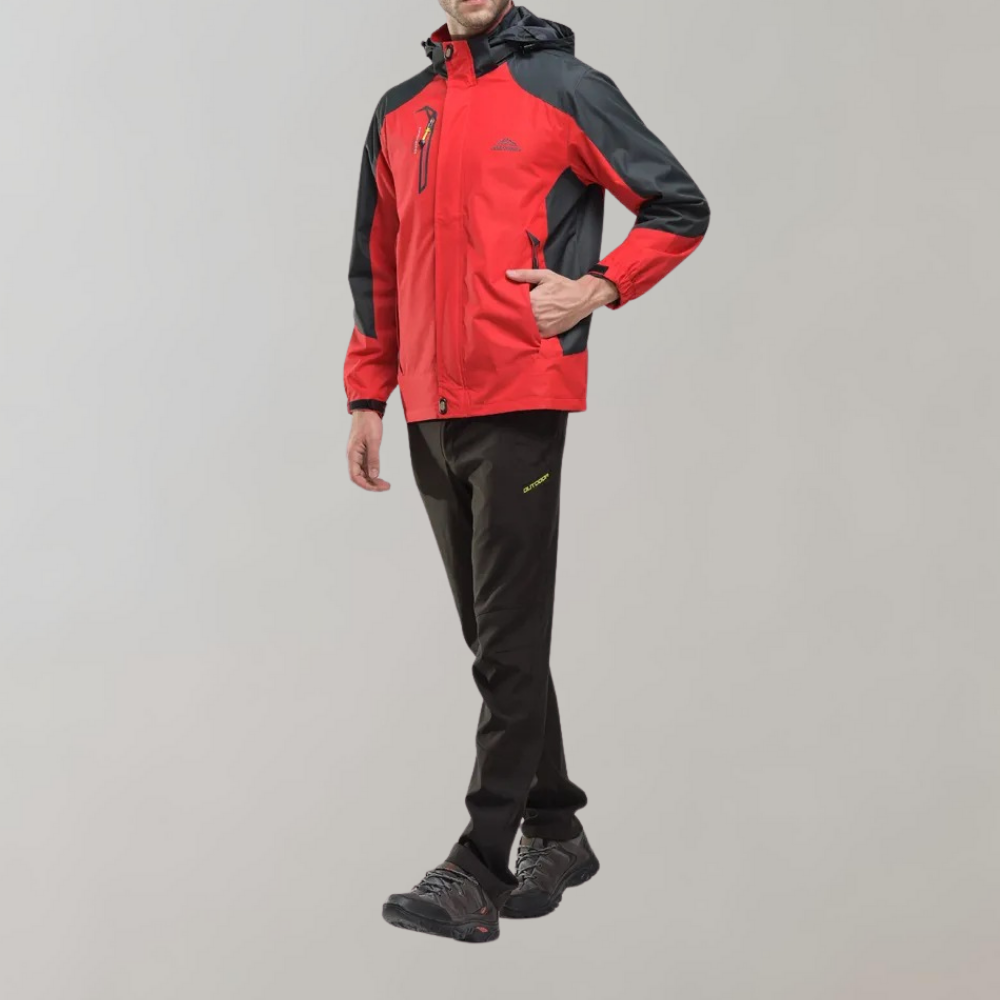 Men's softshell outdoor jacket with hood, windproof membrane, and water-repellent finish