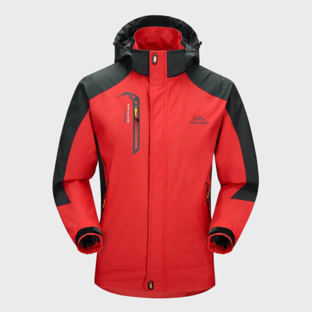 Men's softshell outdoor jacket with hood, windproof membrane, and water-repellent finish