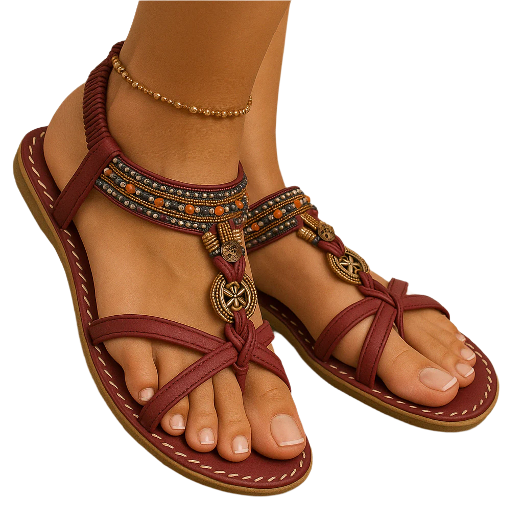 Sandalias de verano bohemias para mujer con tiras de perlas y tiras en el talón