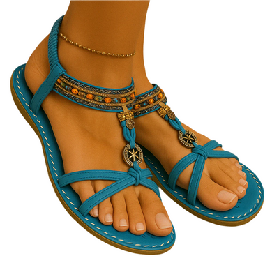 Damen Boho-Sommer-Sandalen mit Perlenriemen und Fersenriemen