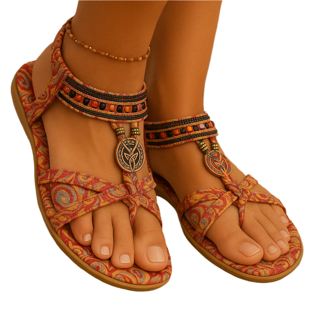 Damen Boho-Sommer-Sandalen mit Perlenriemen und Fersenriemen