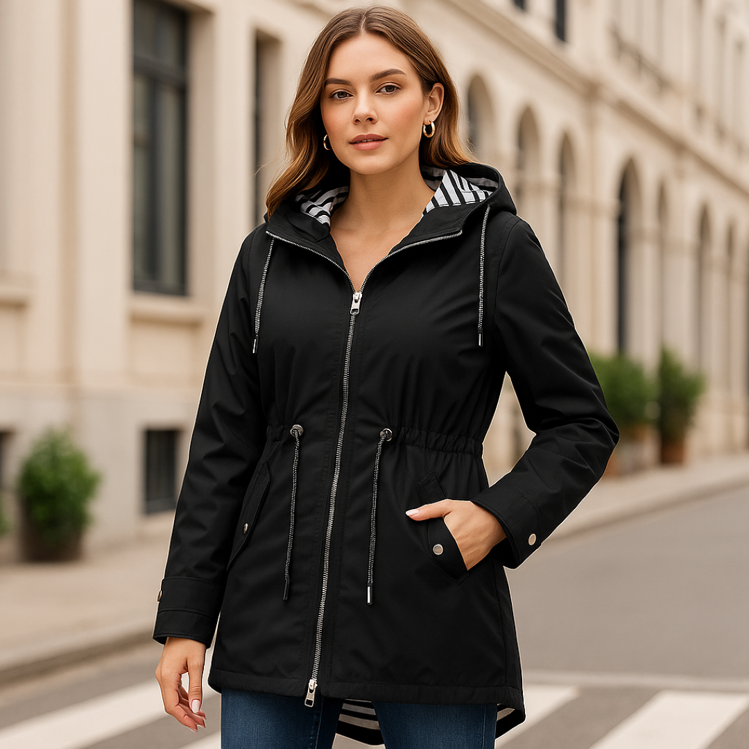 Beatrice | Nepremokavá parka – nastaviteľný strih s prúžkovanou podšívkou kapucne