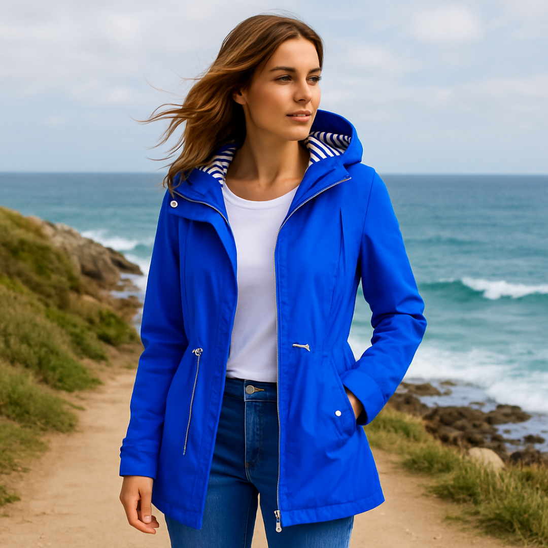 Beatrice | Nepremokavá parka – nastaviteľný strih s prúžkovanou podšívkou kapucne