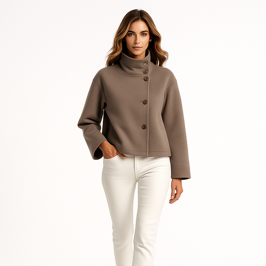 Krátka dámska vlnená bunda | Vysoký golier | Jediný gombíkový zapínanie