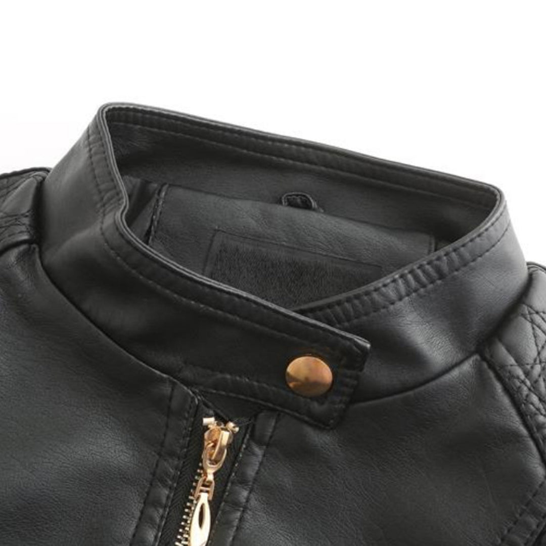 Kožená bunda s stojatým golierom pre ženy