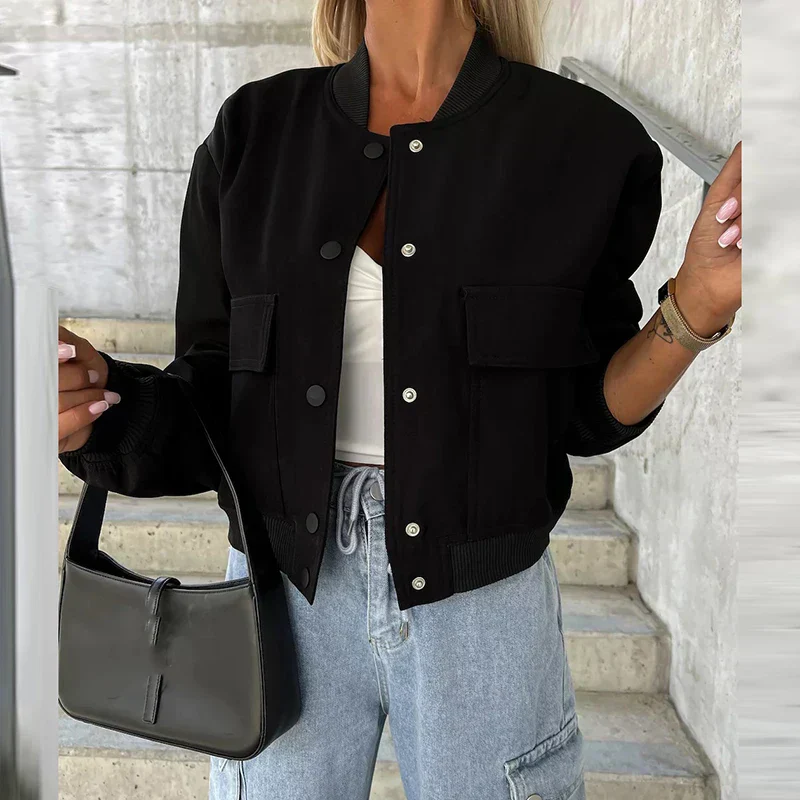 Damen-Bomberjacke mit Pattentaschen - Kurzes Modell mit Druckknopfverschluss