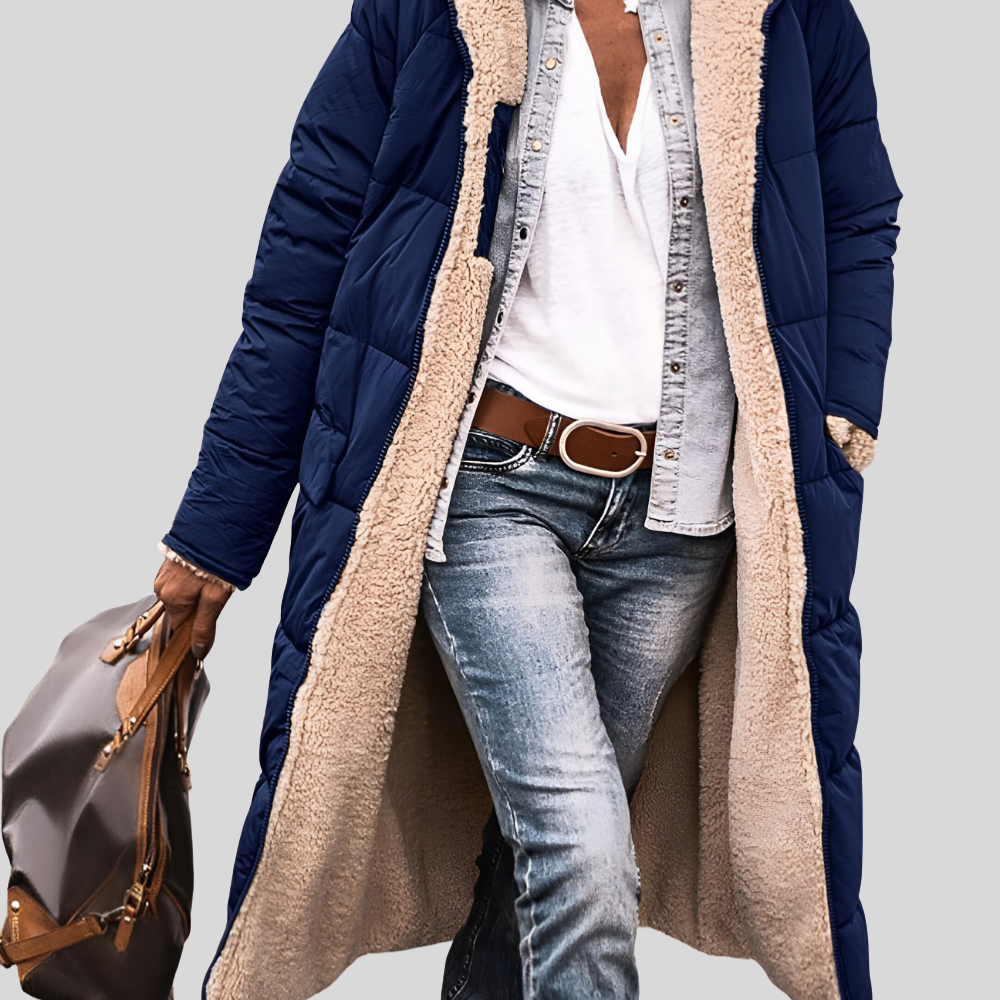 Cappotto trapuntato da donna con cappuccio – Imbottitura calda – Taglio lungo