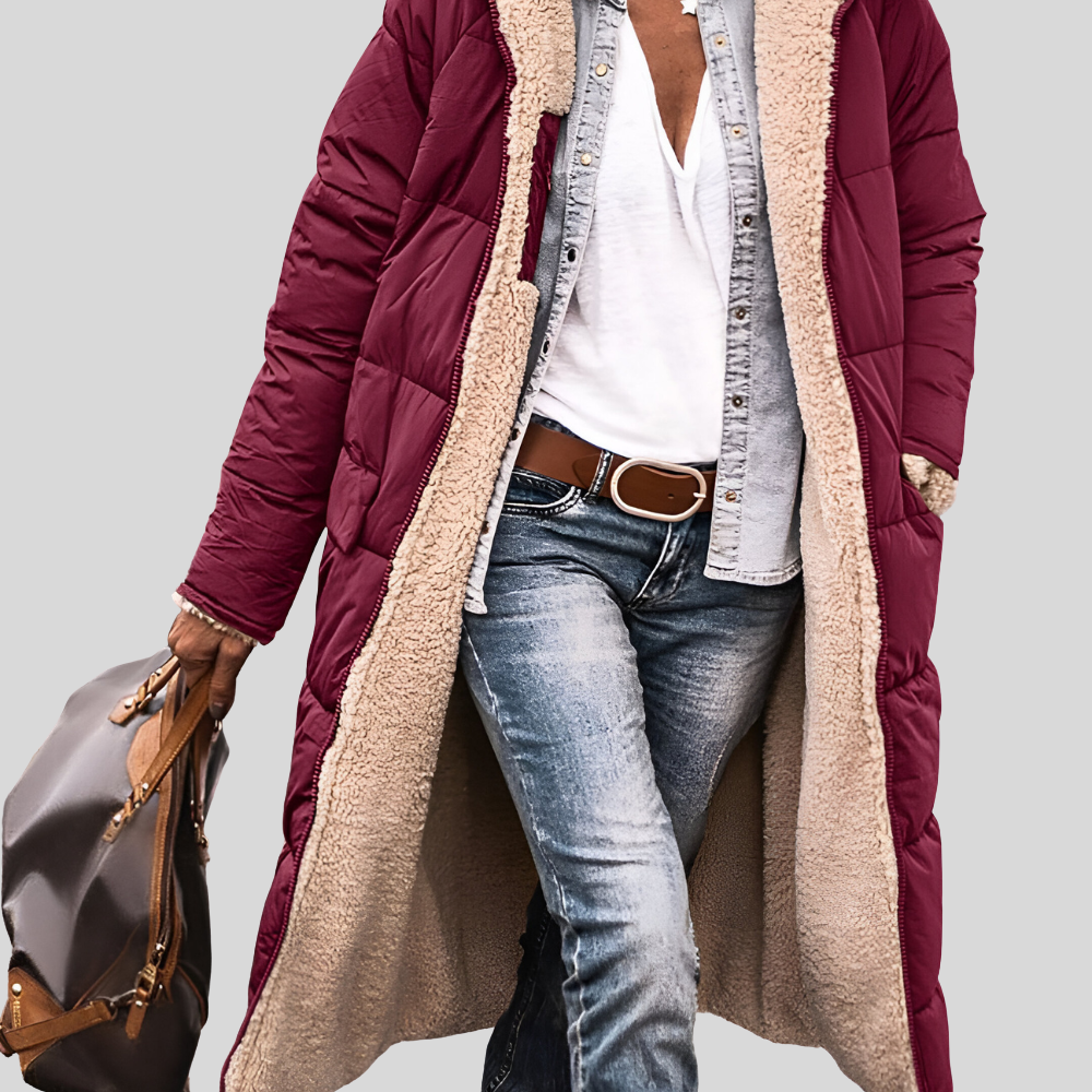 Cappotto trapuntato da donna con cappuccio – Imbottitura calda – Taglio lungo