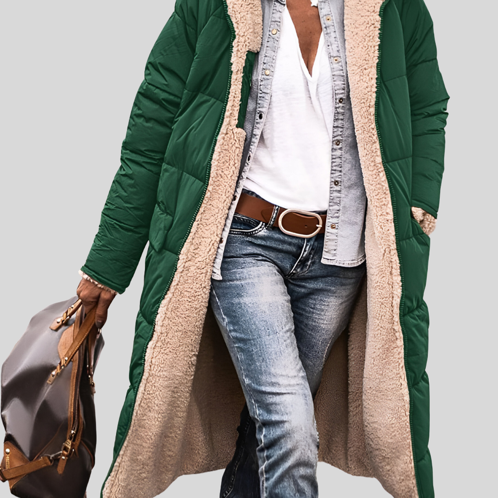 Cappotto trapuntato da donna con cappuccio – Imbottitura calda – Taglio lungo
