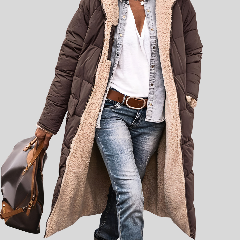 Cappotto trapuntato da donna con cappuccio – Imbottitura calda – Taglio lungo