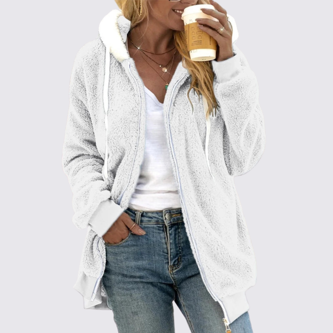 Damen Teddy Jacke mit Kapuze – Reißverschluss – Bequemer Schnitt