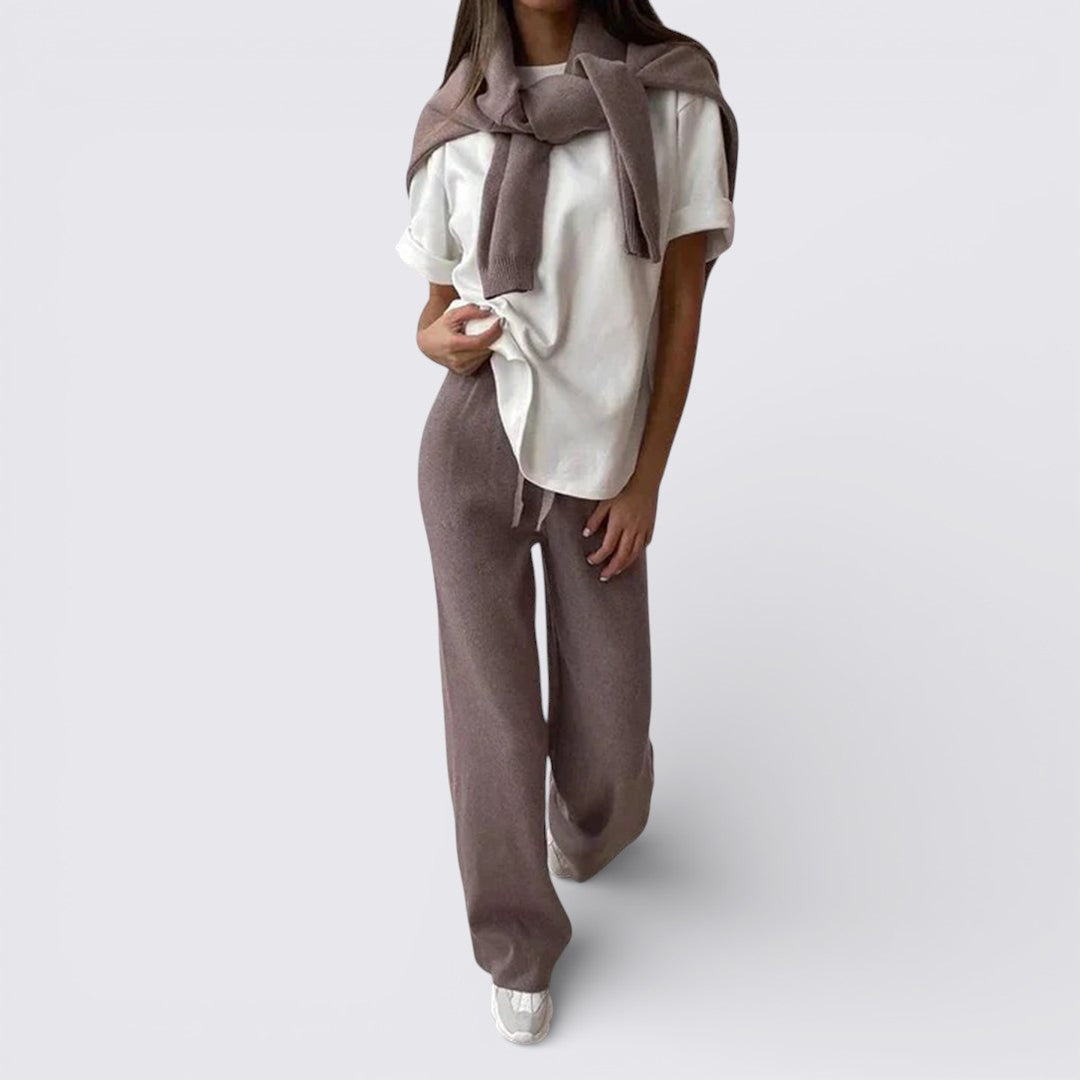 Dámska dvojdielna pletená súprava – vrchný diel so stojatým golierom – voľný strih