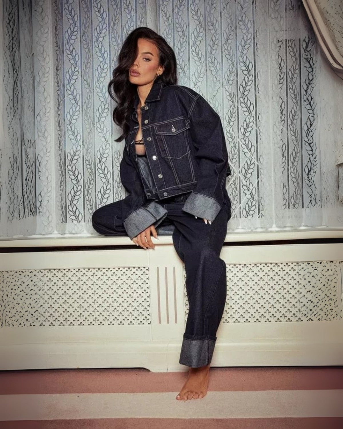 Ensemble denim deux pièces avec veste en jean et pantalon long - Femme