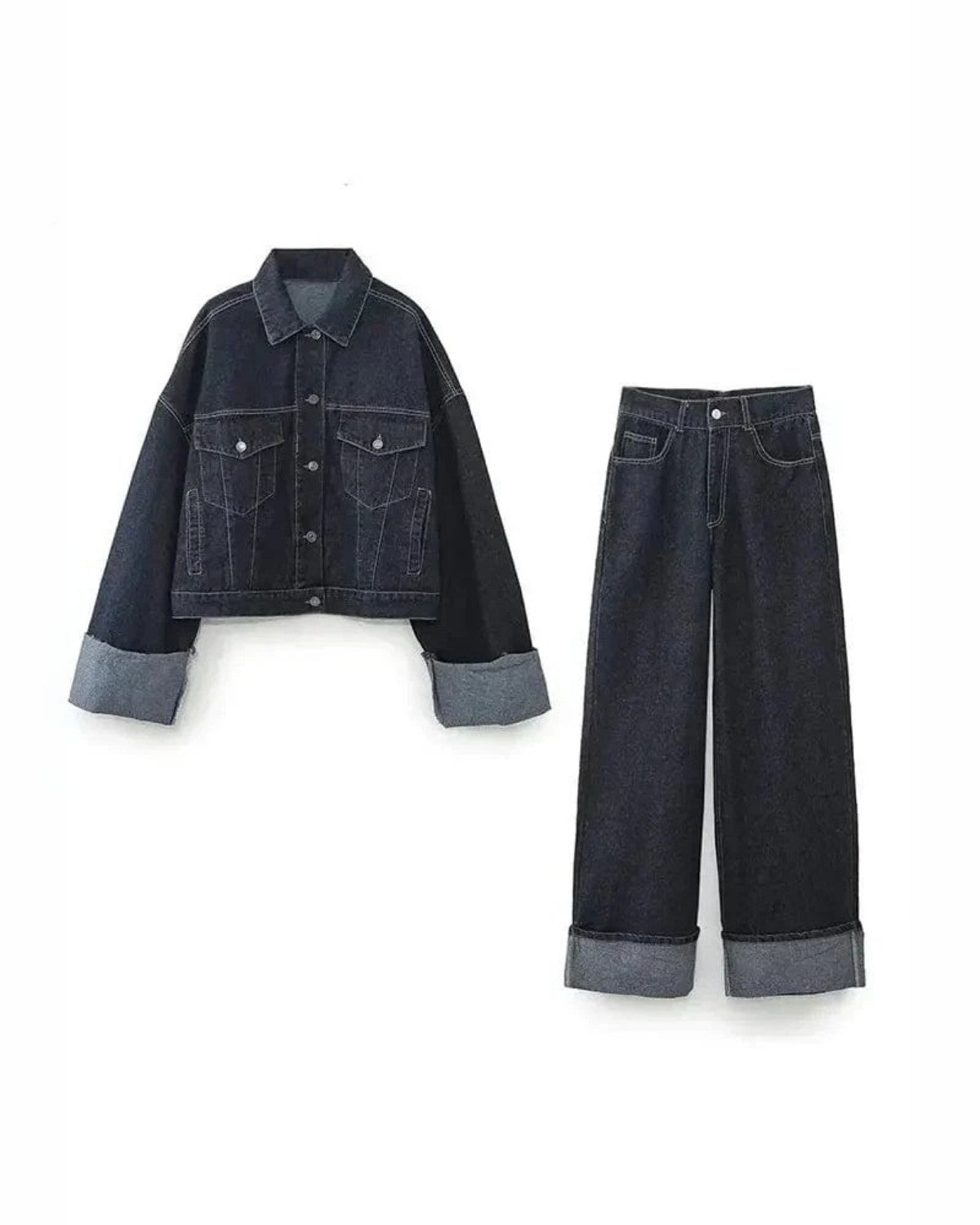 Ensemble denim deux pièces avec veste en jean et pantalon long - Femme