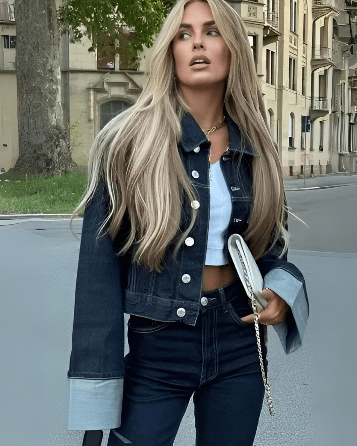 Ensemble denim deux pièces avec veste en jean et pantalon long - Femme