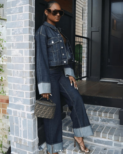 Zweiteiliges Denim-Set mit Jeansjacke und langer Hose - Damen