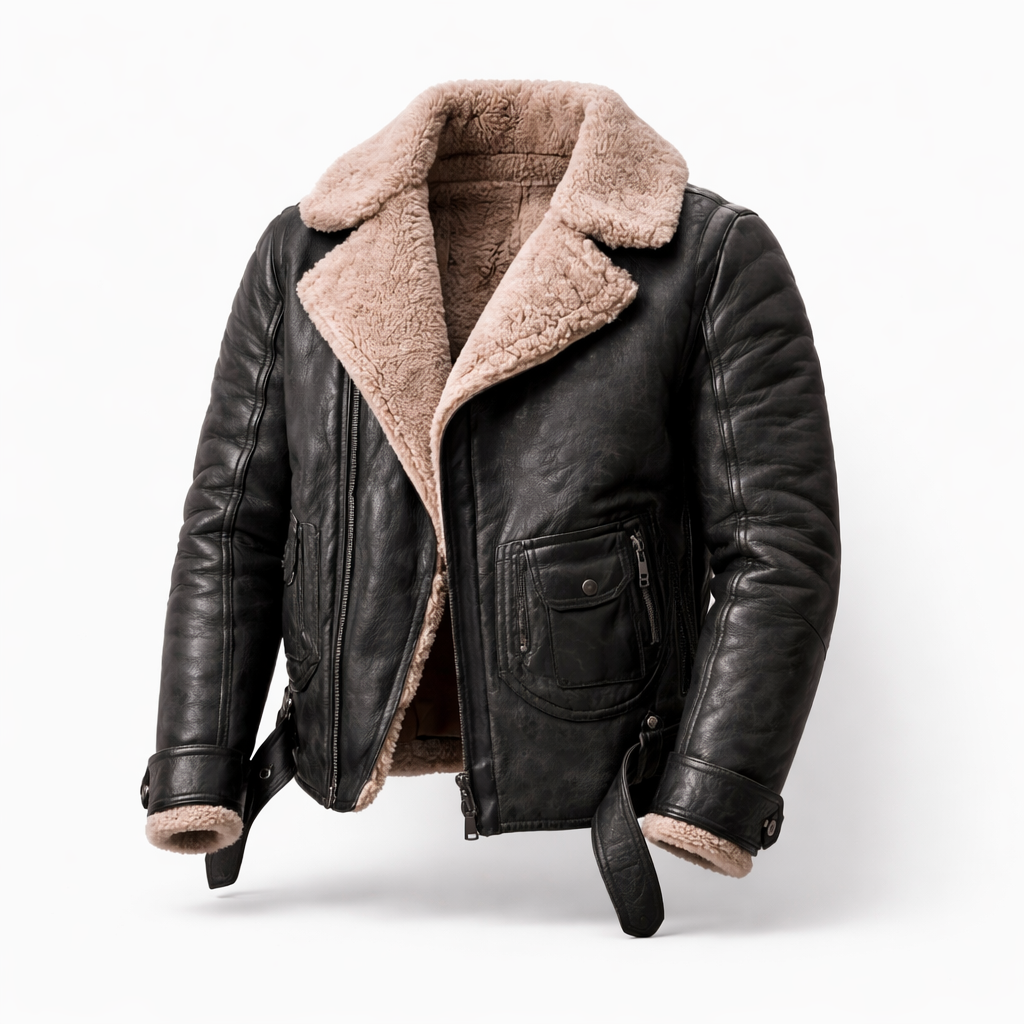 Leather jacket with a warm wool lining black