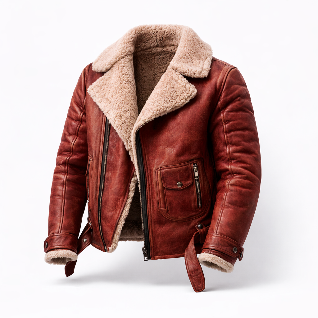 Leather jacket with a warm wool lining red