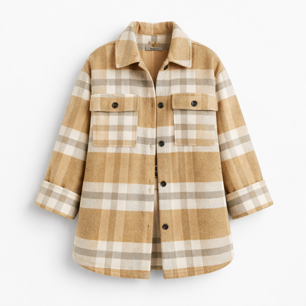 Elegant checked blouse in a cotton blend beige