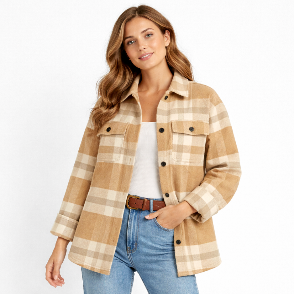 Elegant checked blouse in a cotton blend beige