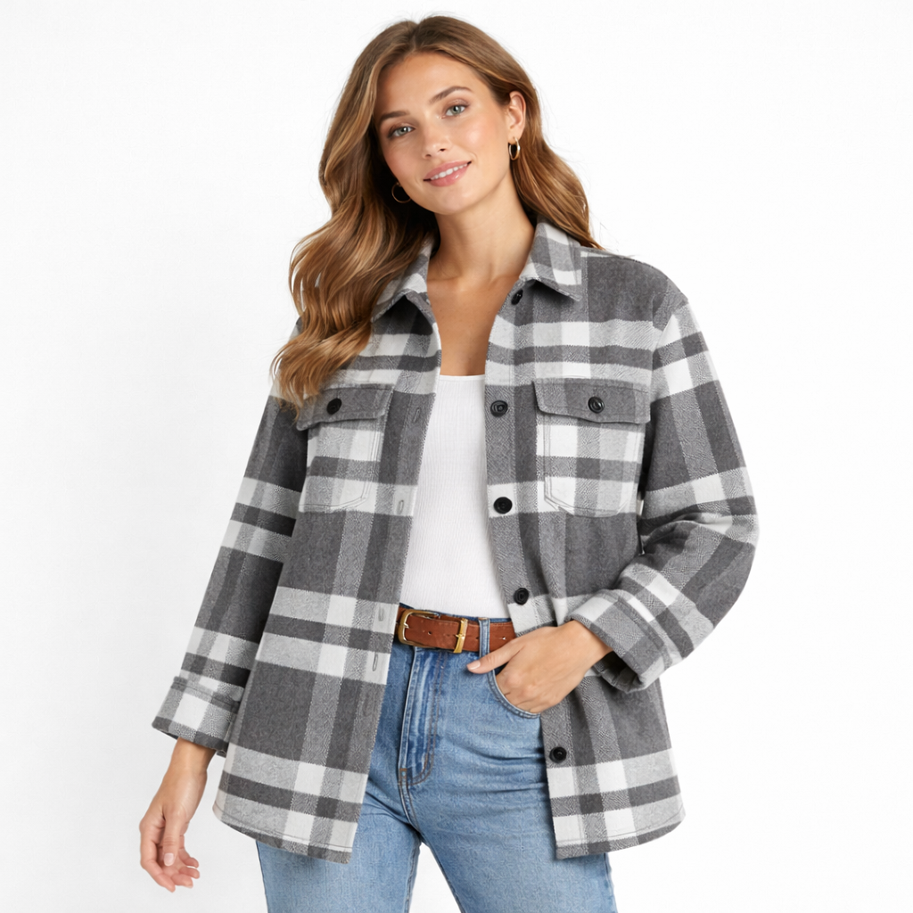 Elegant checked blouse in a cotton blend gray
