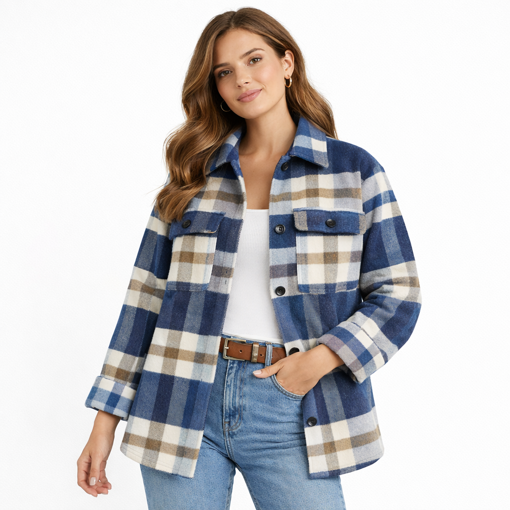 Elegant checked blouse in a cotton blend blue