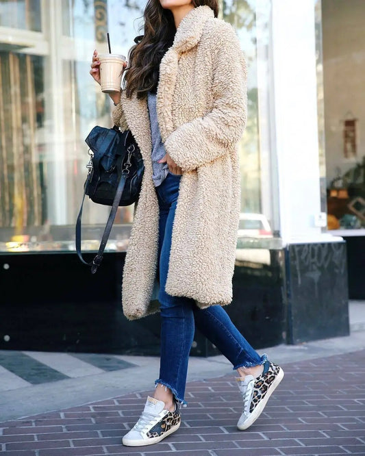 Abrigo largo de peluche suave y cálido para mujer | Chaqueta de felpa de invierno extragrande