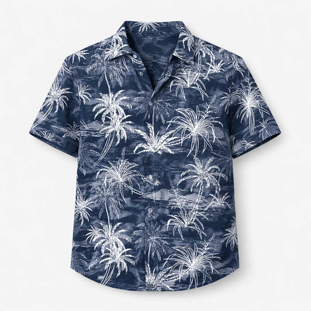 Hawaiian linen beach shirt for men white navy blue