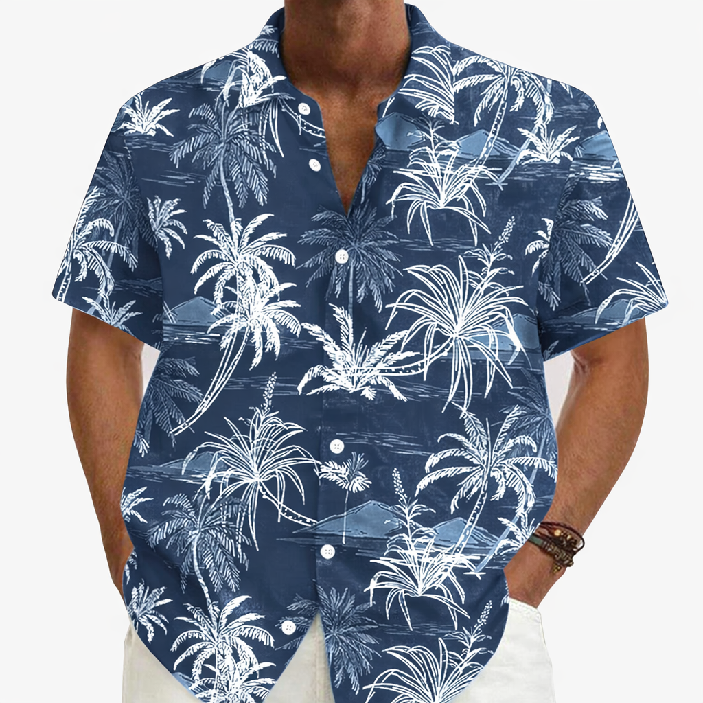 Hawaiian linen beach shirt for men white navy blue